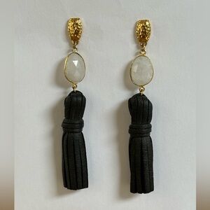 Elegant Gold, Stone, and Black Faux Leather Tassel Earrings